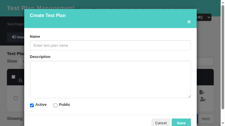Create Test Plan modal