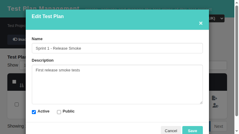 Edit Test Plan modal pre-filled