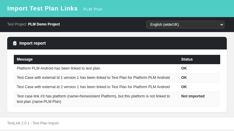 Test Plan Import report