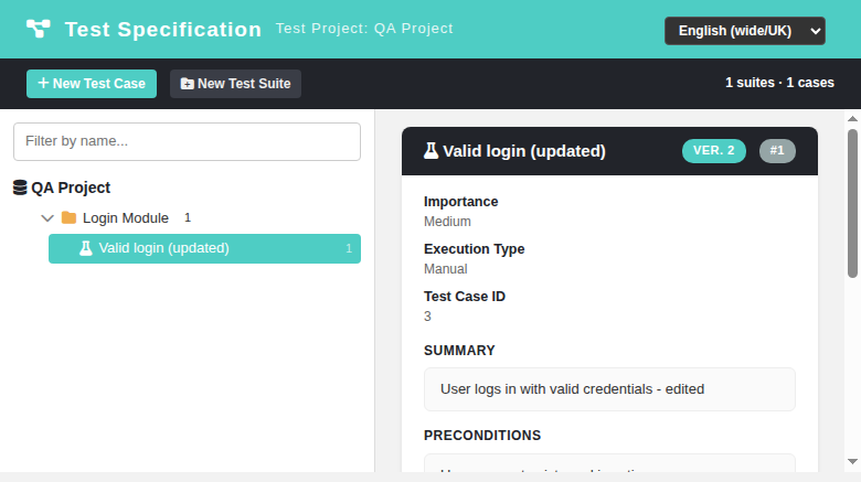 Test Specification screen