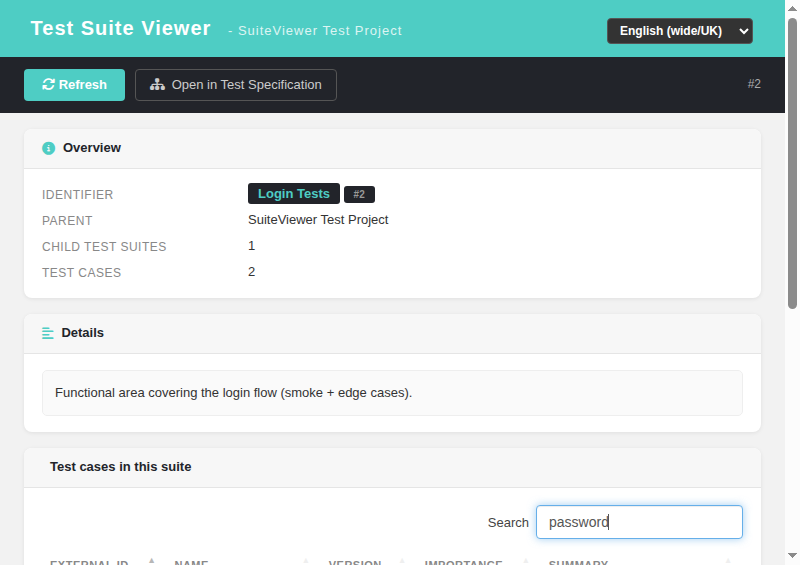 Test Suite Viewer — DataTable search filter