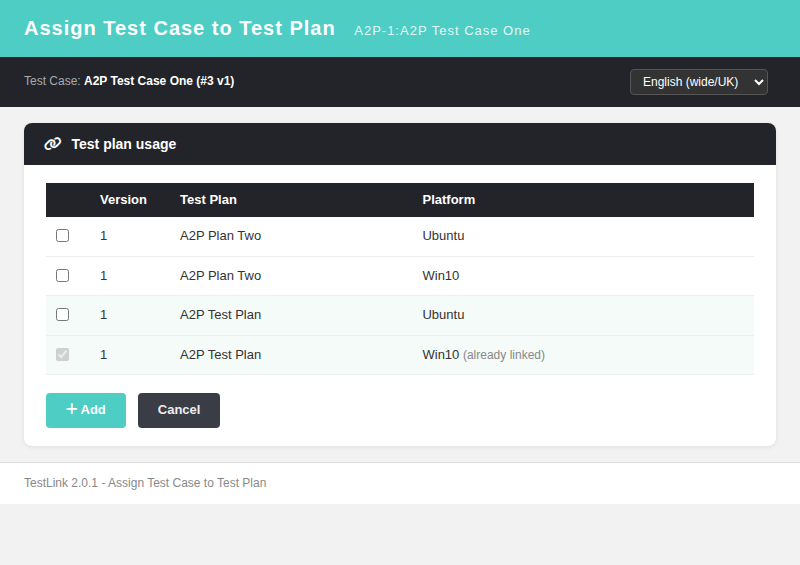Assign Test Case to Test Plan — selectable grid