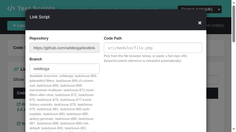 Test Scripts — Link Script modal with file browser