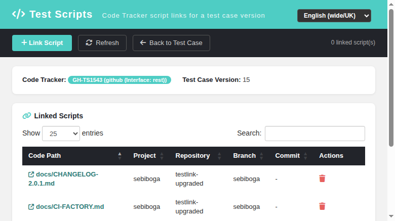 Test Scripts — linked scripts table view
