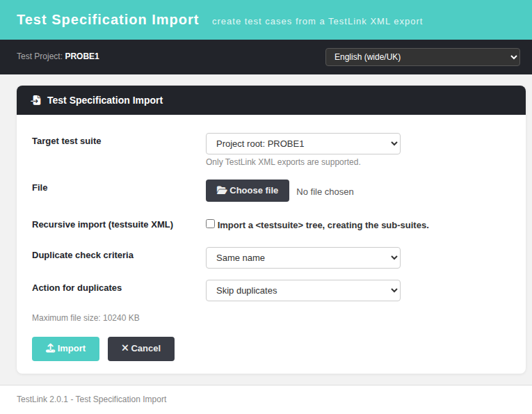 Test Specification Import — form