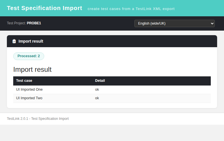 Test Specification Import — import result