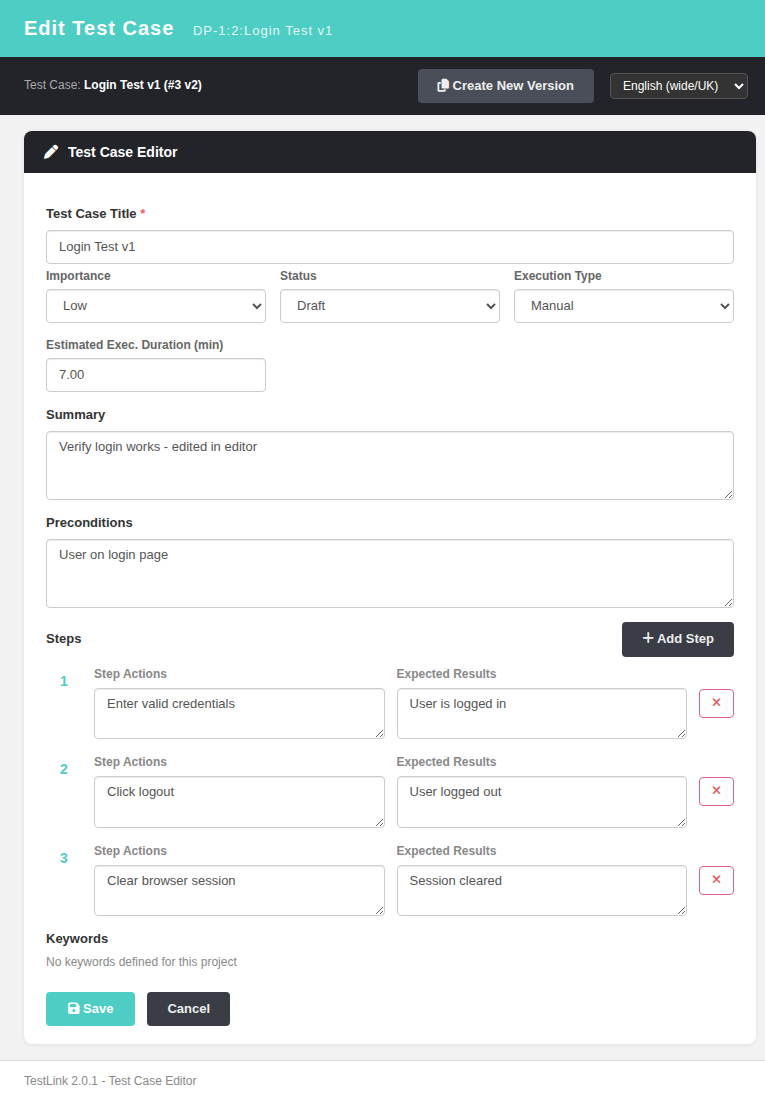 Test Case Editor — editing Login Test v2 with summary, preconditions and three steps