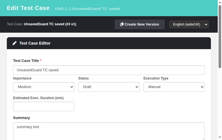 Test Case Editor — dirty form armed with the unsaved-changes guard on reload