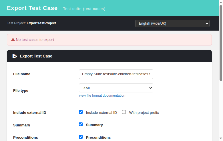 Empty suite — no test cases to export warning