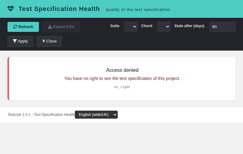 Test Specification Health — "Access denied": the caller has no mgt_view_tc right on the project