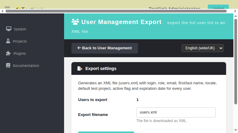 User Management Export normal state
