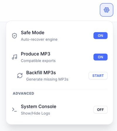 Settings Tray popover showing synthesis preferences