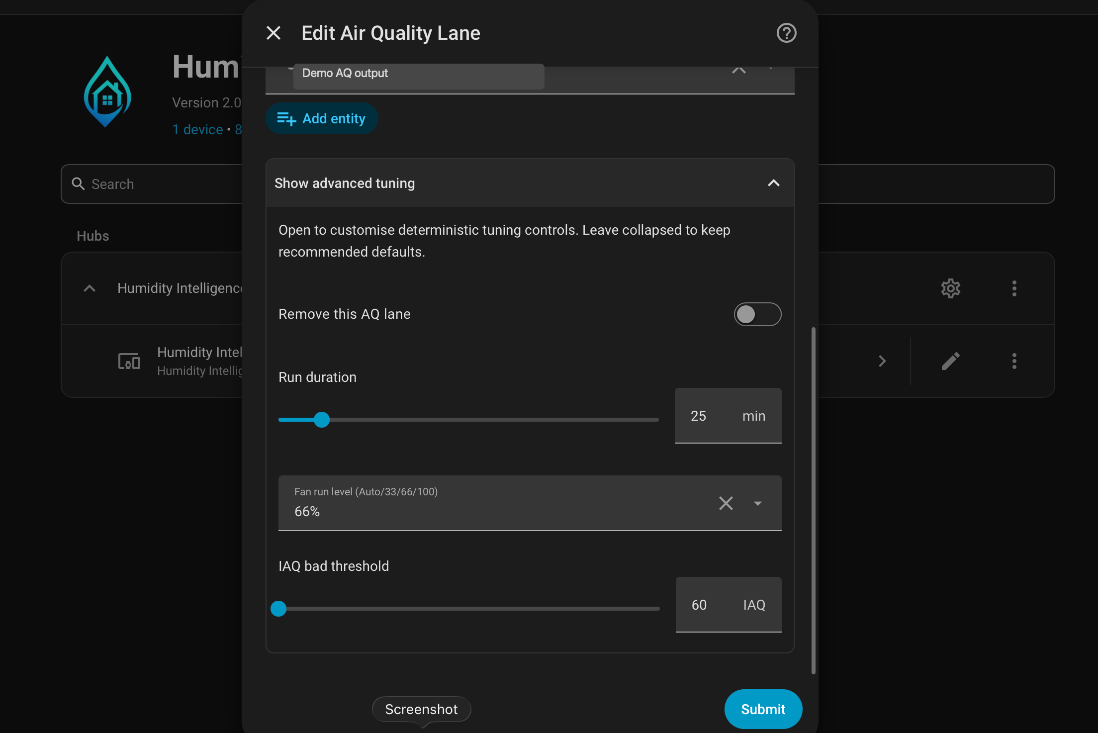 Air quality lane advanced tuning options