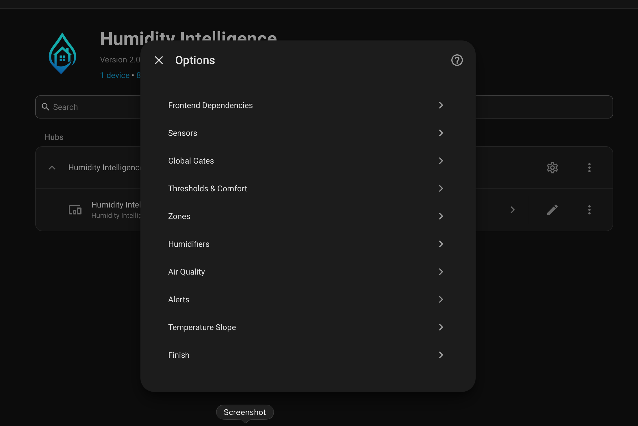 Humidity Intelligence options menu