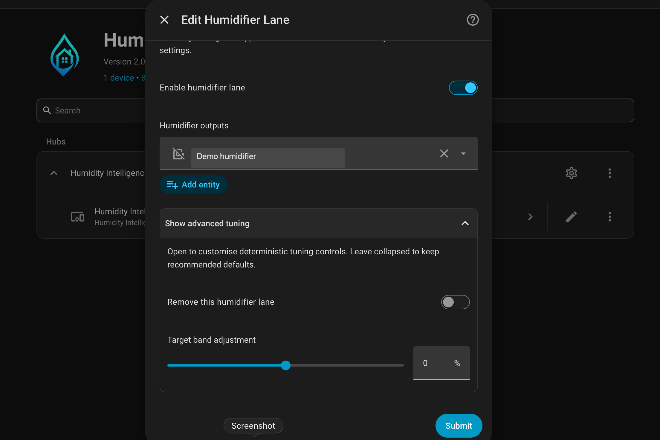 Humidifier lane advanced tuning options