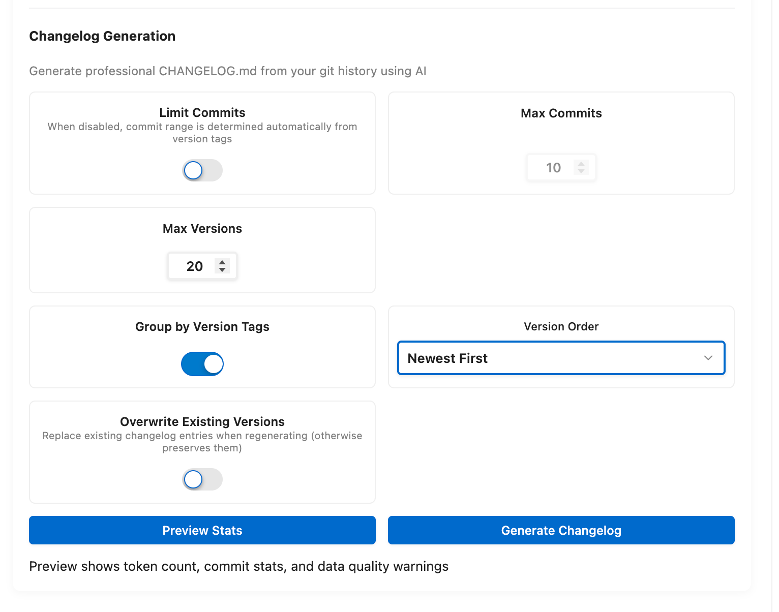 GitMind changelog generation settings