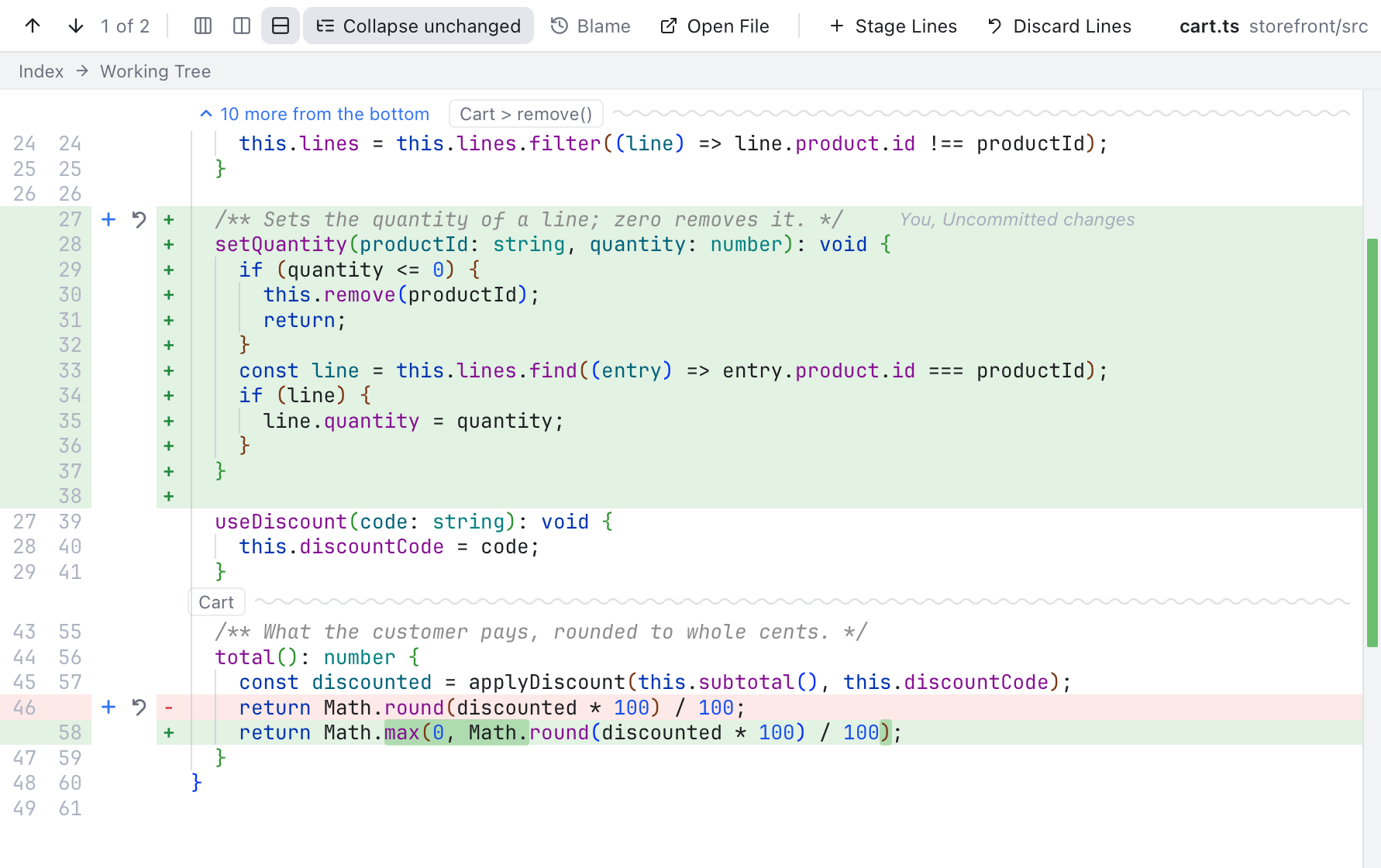 An inline diff: removed lines above the lines that replace them