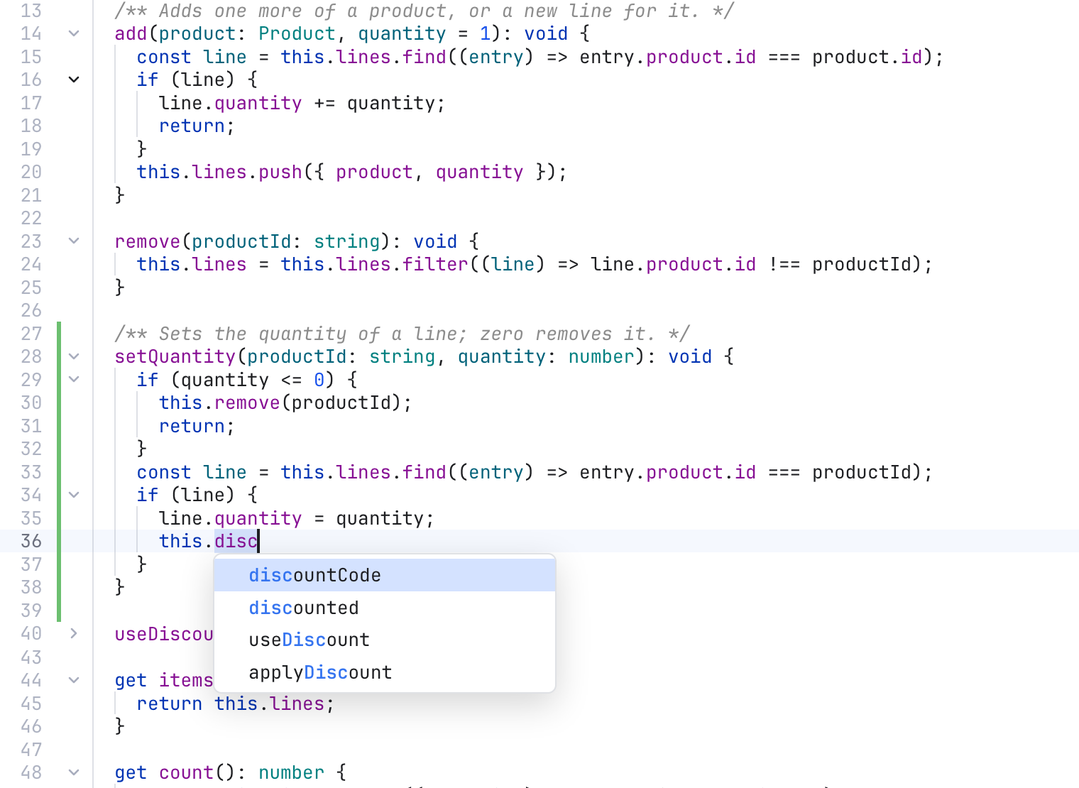 Completion, indent guides and fold arrows in a TypeScript file