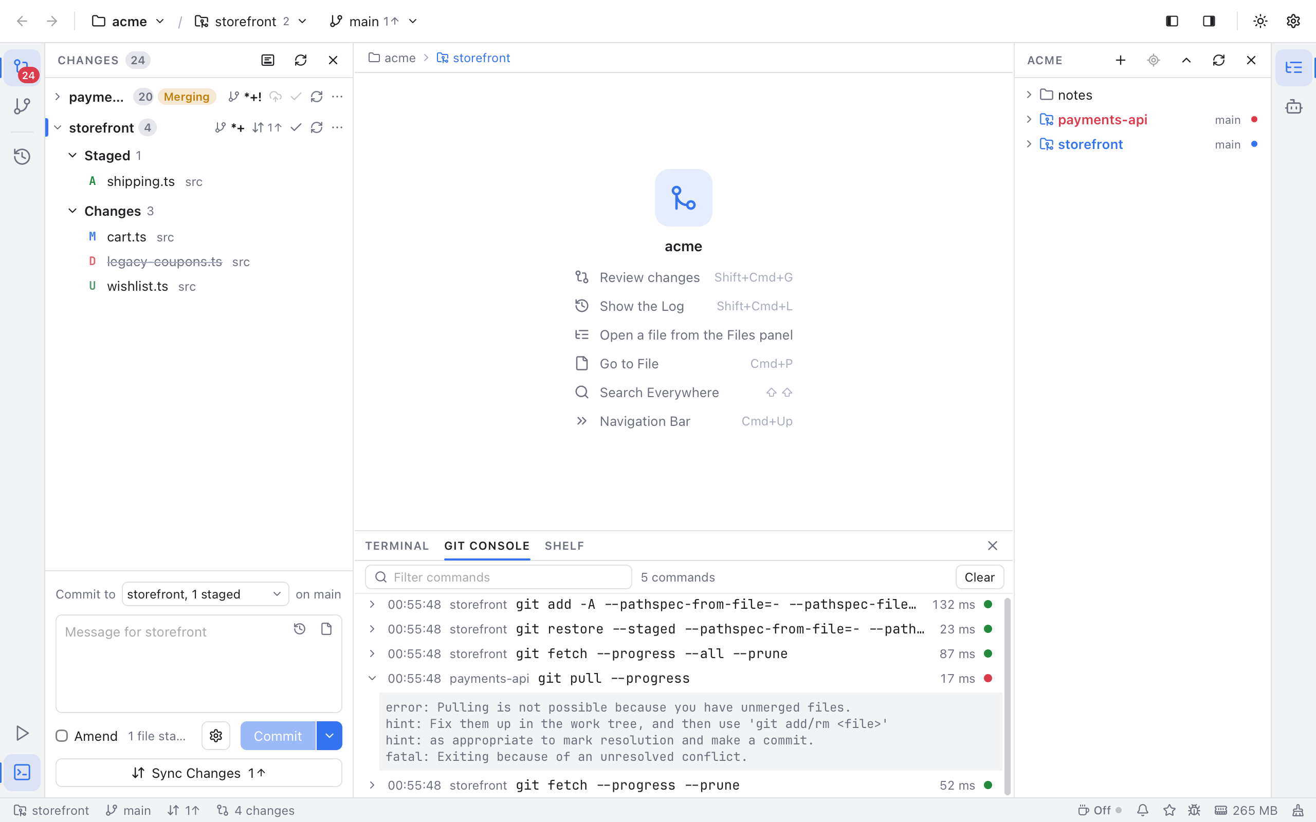 The Git Console with a few commands, one opened