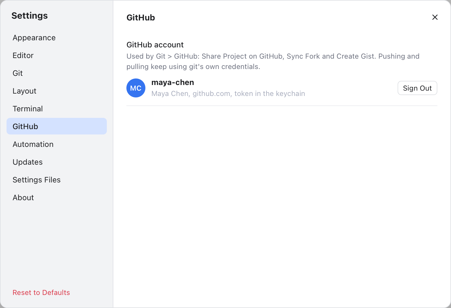 Settings > GitHub while signed in