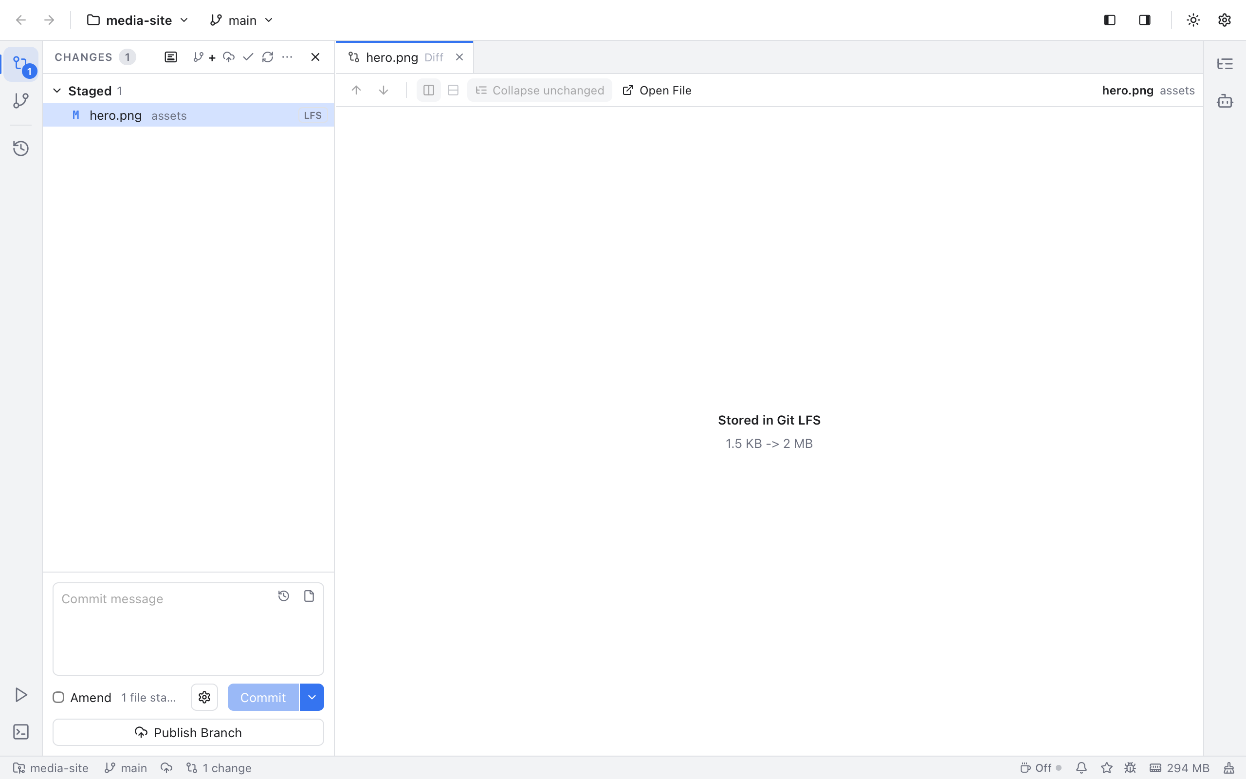 An LFS file in the Changes sidebar and its diff