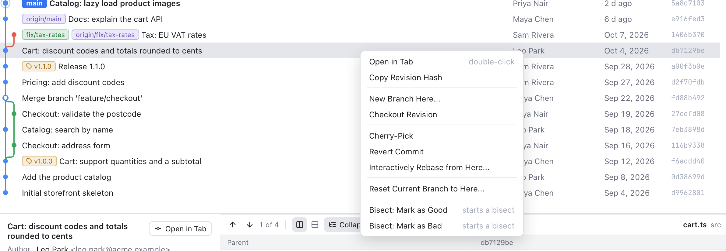 Log context menu