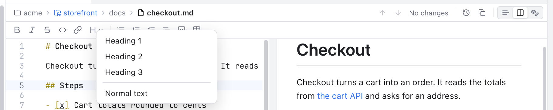 The Markdown toolbar with the Heading menu open