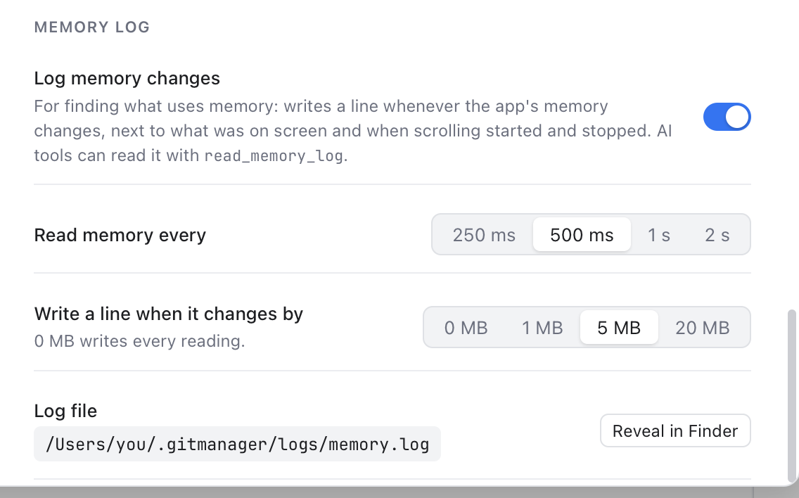 Memory log settings