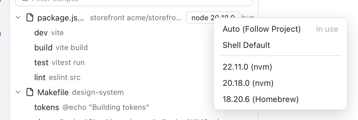 The Node Version menu