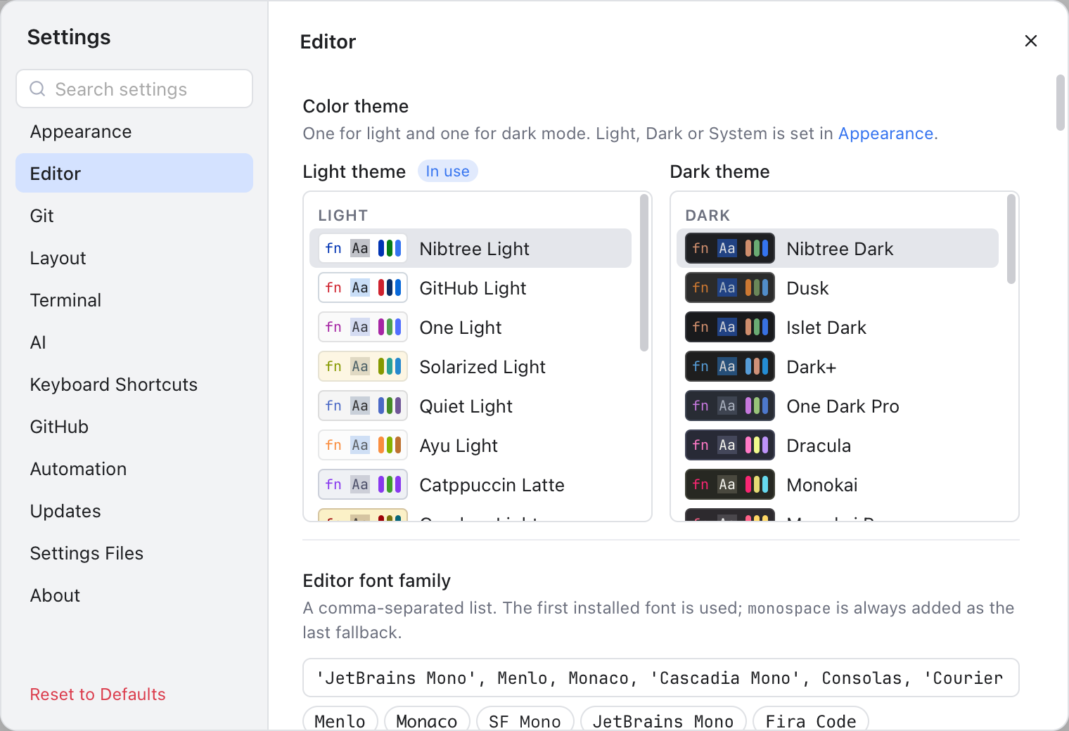 Editor settings