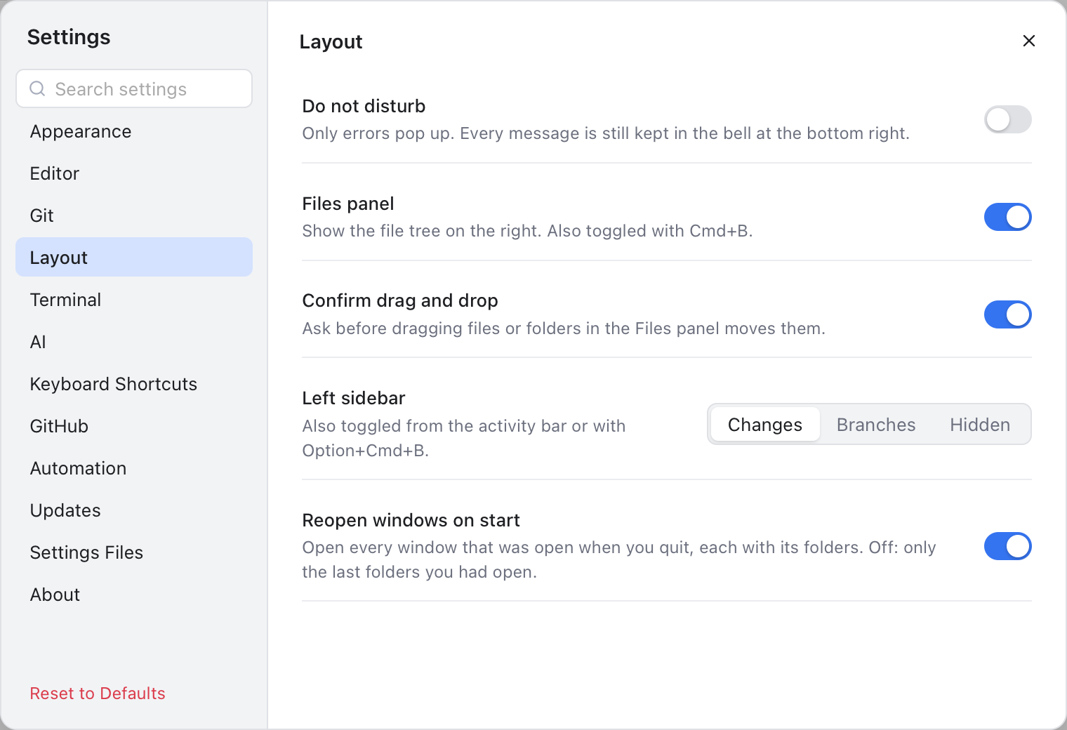 Layout settings