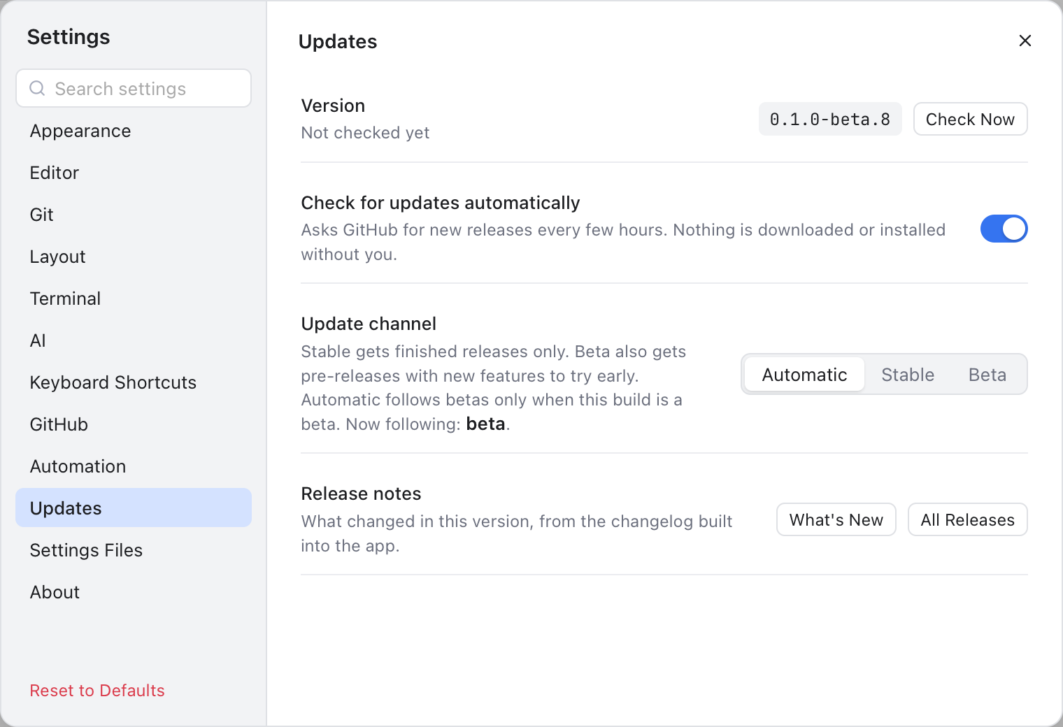 Update settings