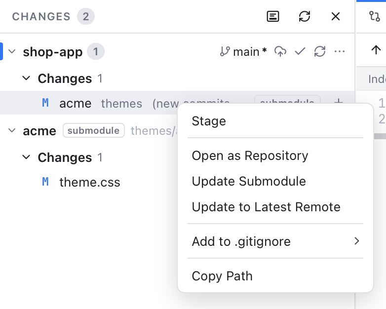 A submodule entry in the parent's changes, with its menu