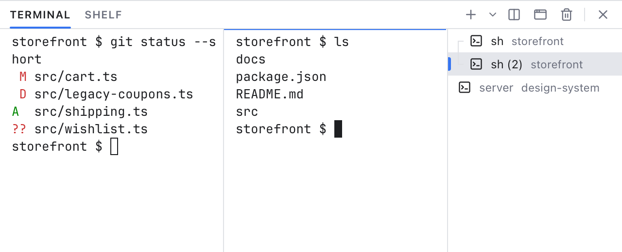 Two split terminals with the terminal list