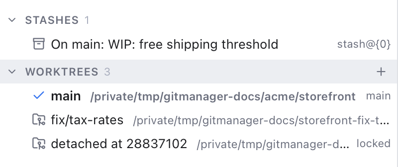 The Worktrees section in the Branches sidebar
