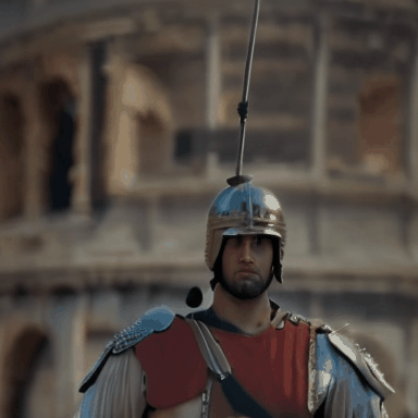 A_Roman_soldier_standing_in_front_of_the_Colosseum_captured_with_a_dolly_zoom_2310805.gif