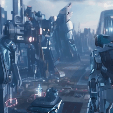 A_robot_looks_at_a_distant_cyberpunk_city_captured_with_a_pull_back_cinematic_shot_9342597.gif