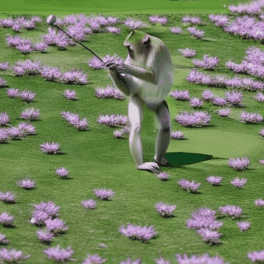 A_monkey_is_playing_golf_on_a_field_full_of_flowers_2989633.gif