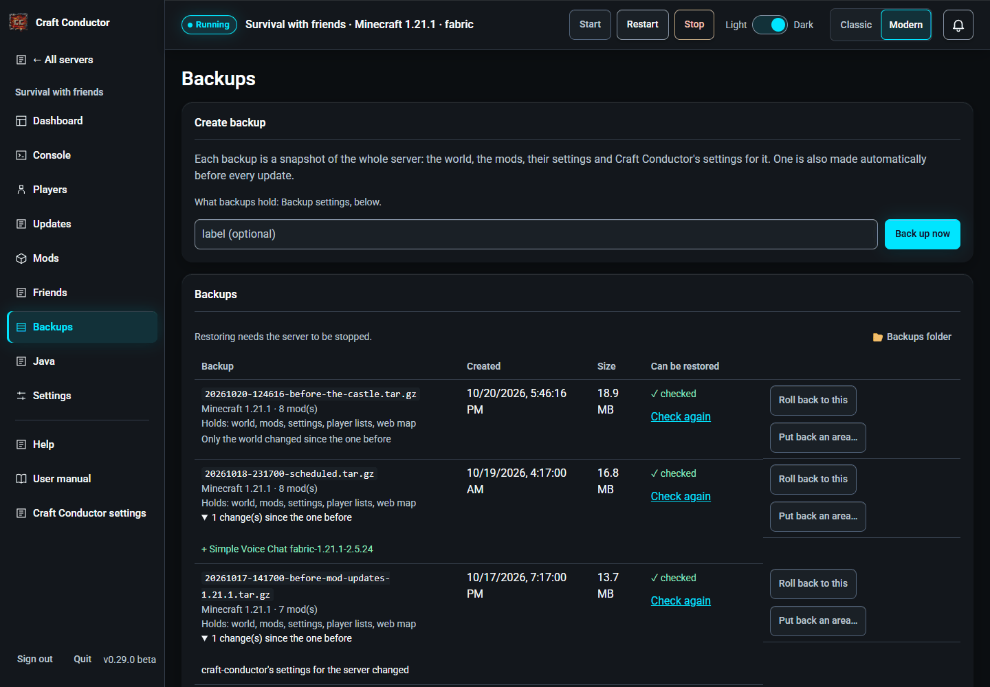 Backups, each checked, with what changed since the one before
