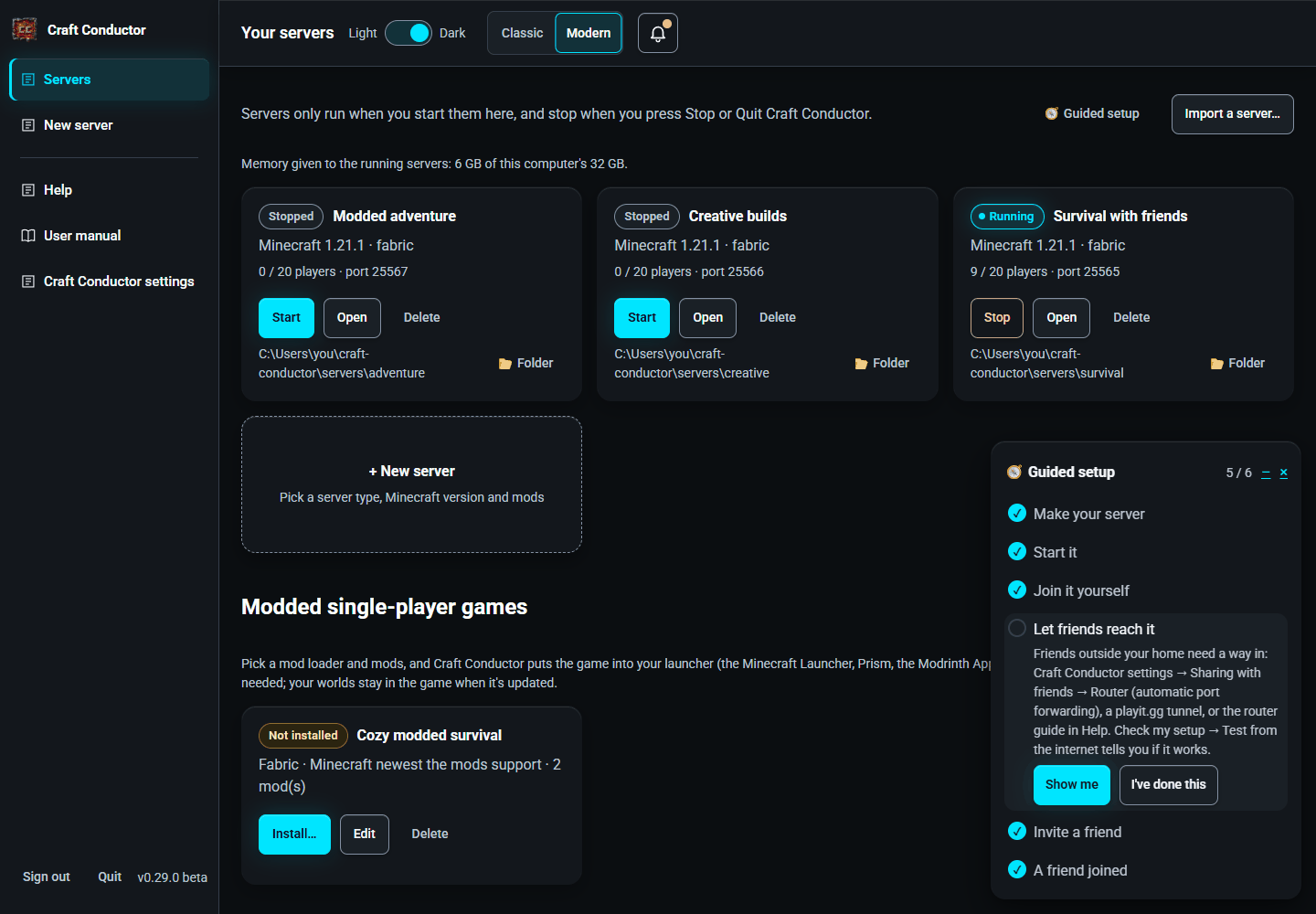 The guided setup's checklist, in a corner of the page