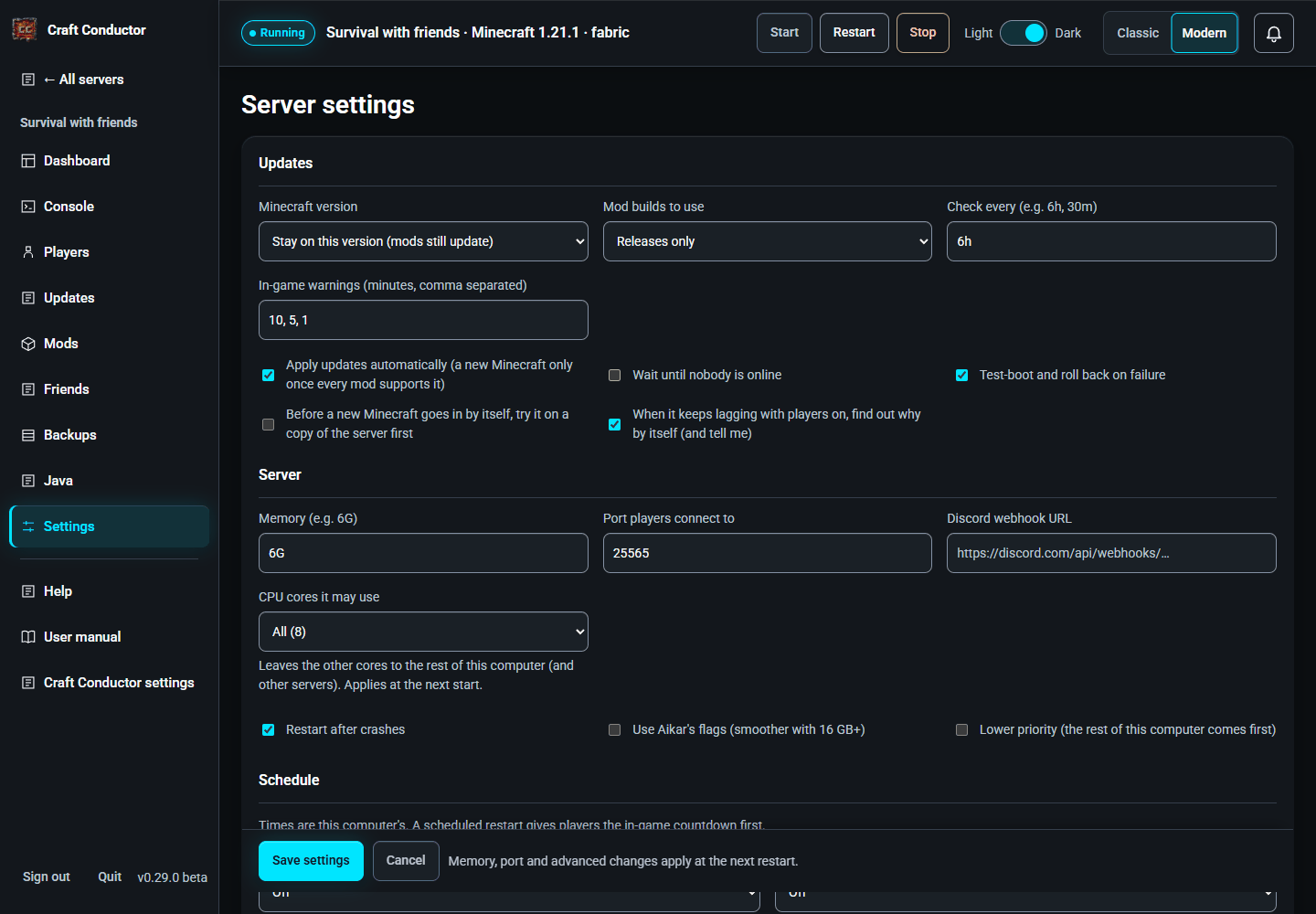 A server's settings