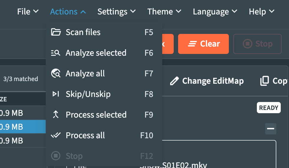 Actions menu
