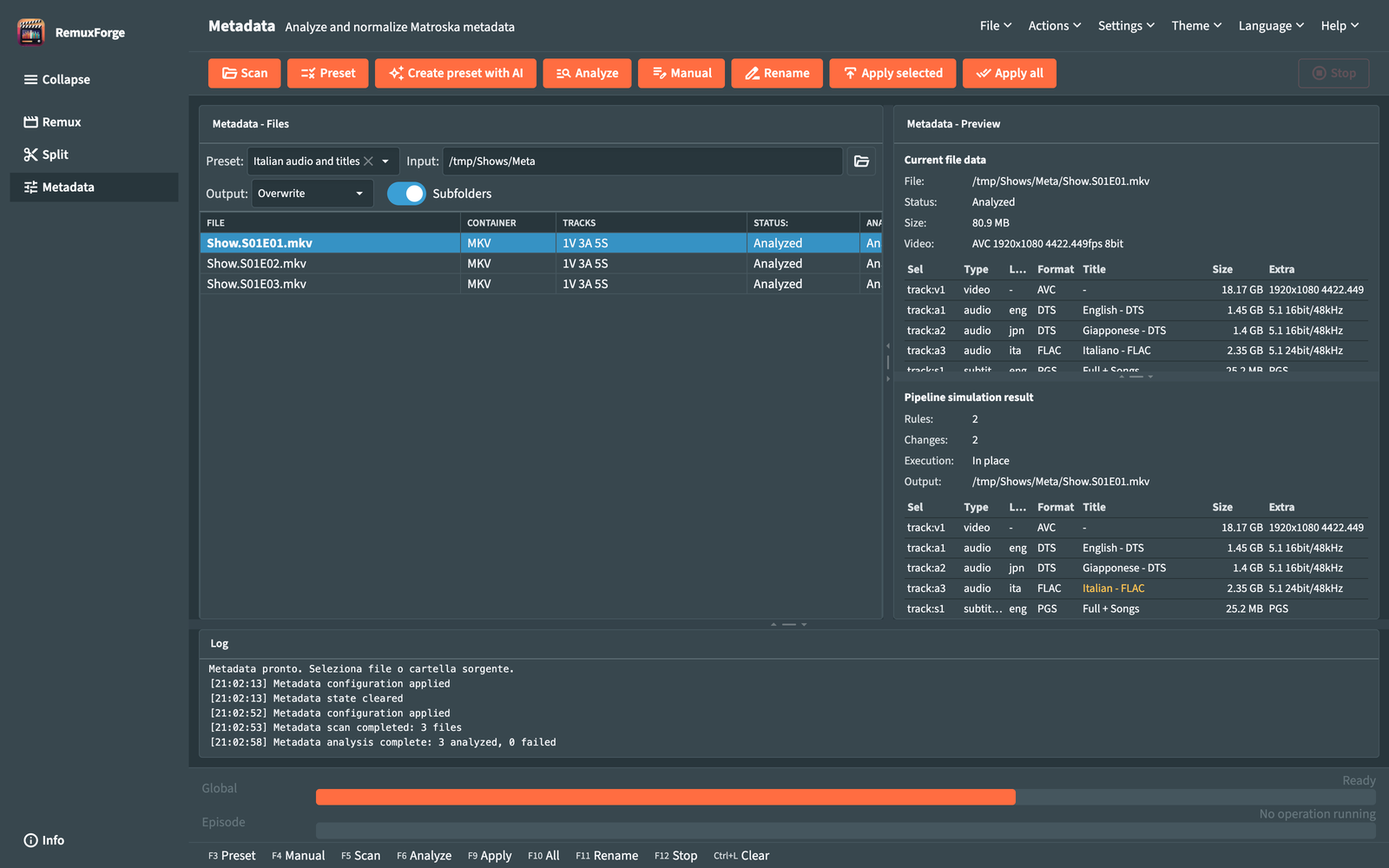 Metadata workspace after an analysis