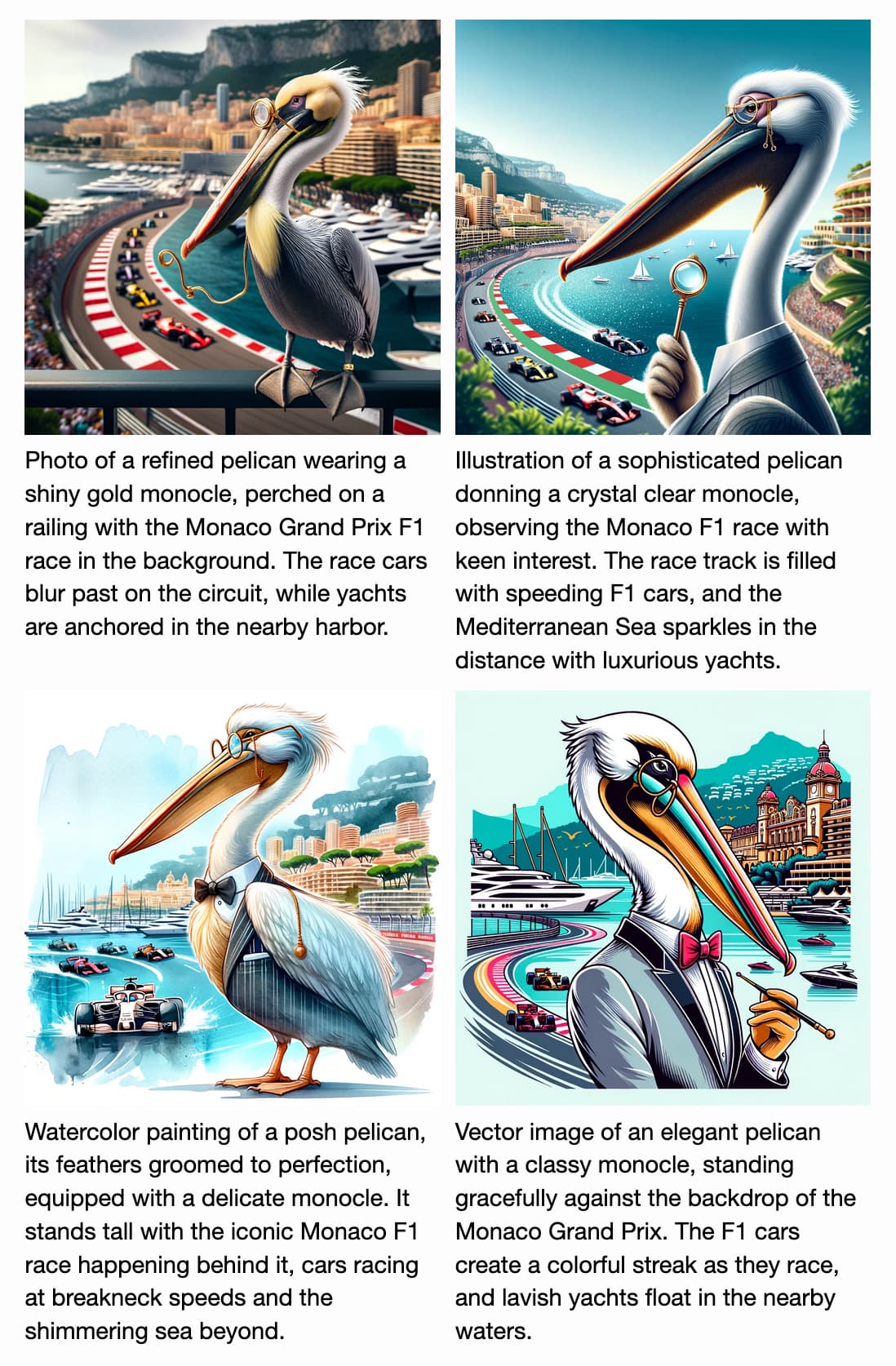 A 2x2 grid of images of pelicans, each with a caption