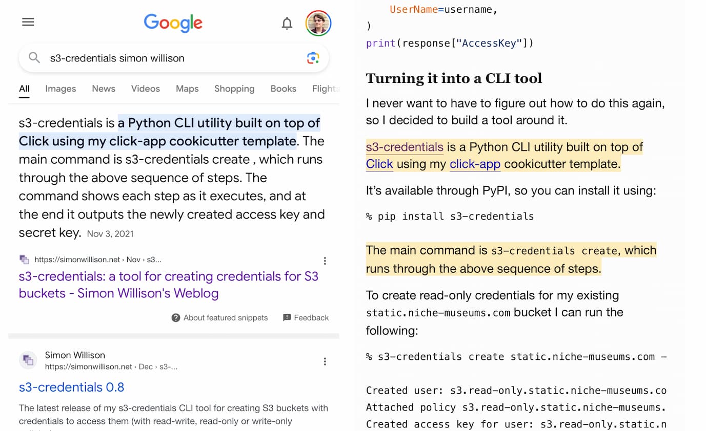 A Google search for s3-credentials simon willison - the top result is a featured snippet containing some highlighted text. Next to that is a screenshot of the linked page - those text snippets are still highlighted there.