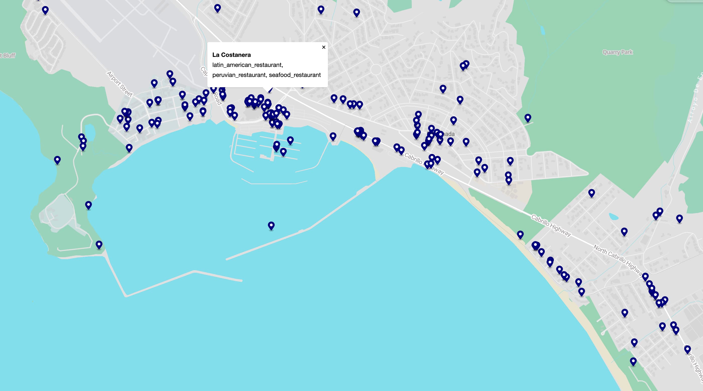 The map is now scattered with dark blue markers. One of them has a popup open, reading La Costanera: latin_american_restaurant, peruvian_restaurant, seafood_restaurant