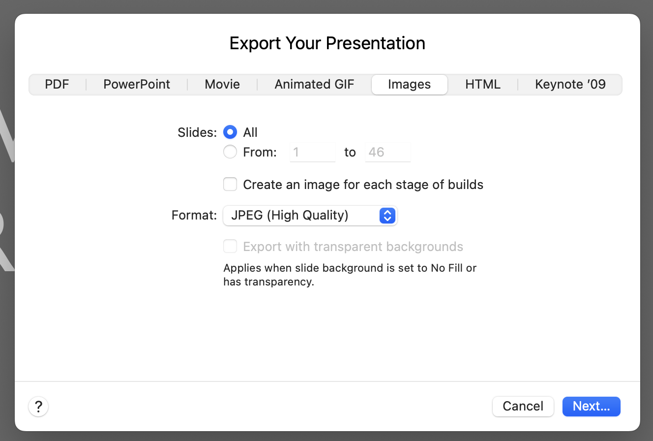 Screenshot of the Export your Presentation screen
