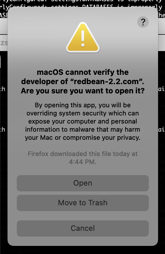 macOS cannot verify the developer of redbean-2.2.com. Are you sure you want to open it? By opening this app, you will be overriding system security which can expose your computer and personal information to malware that may harm your Mac or compromise your privacy. Firefox downloaded this file today at