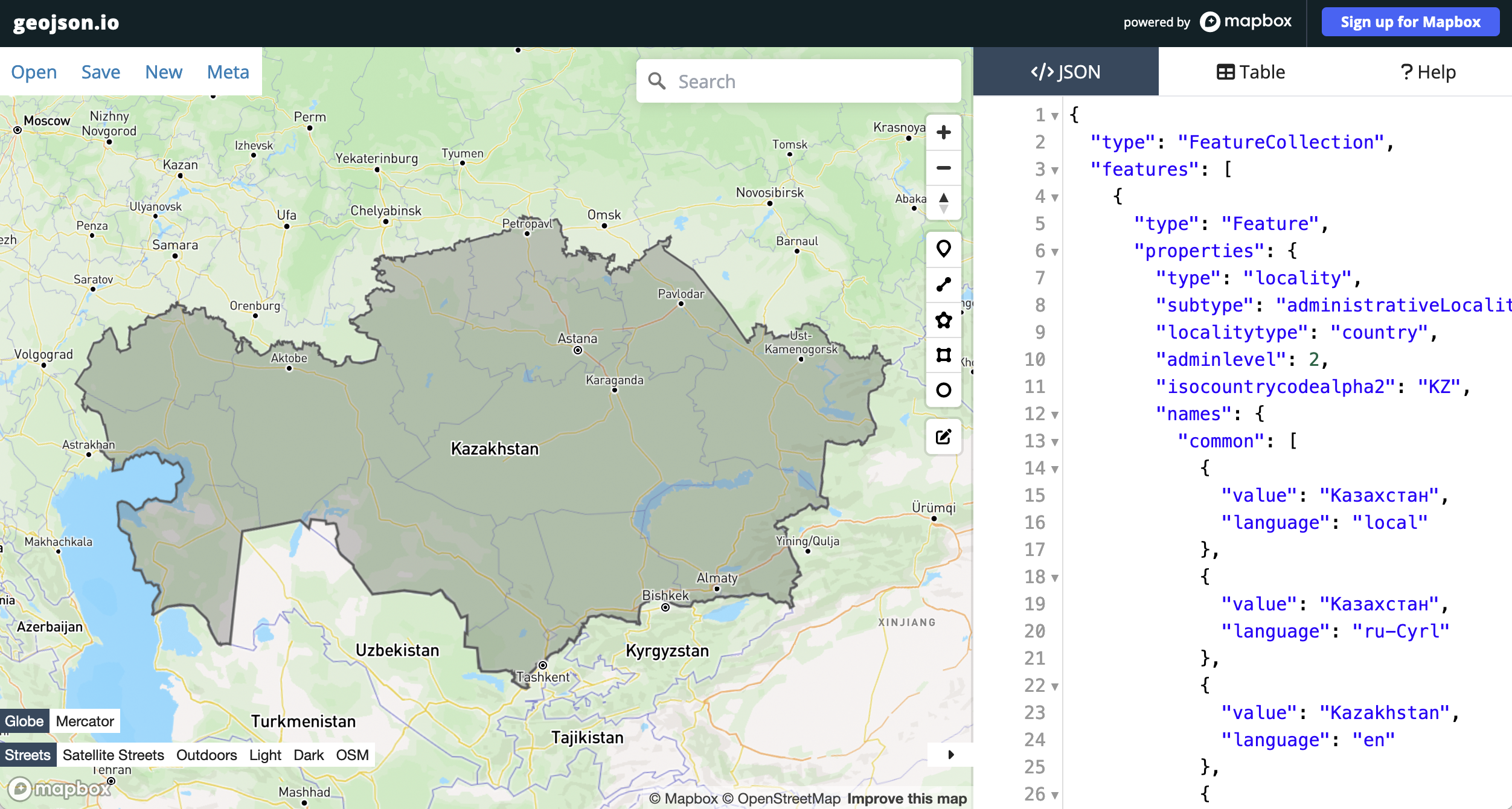 Kazakhstan displayed with a detailed border outline on geojson.io