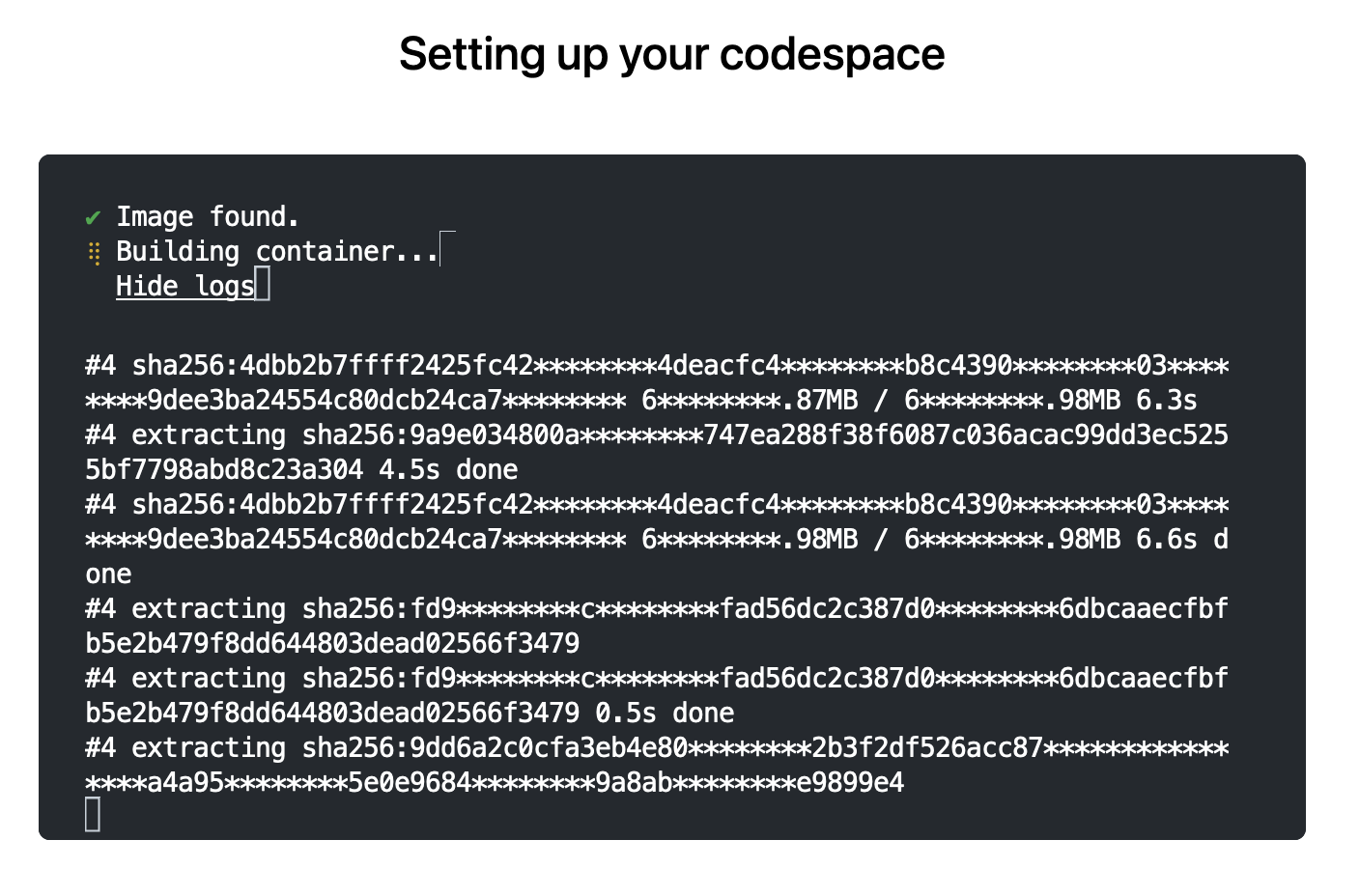 Setting up your codespace window, showing the output of build logs